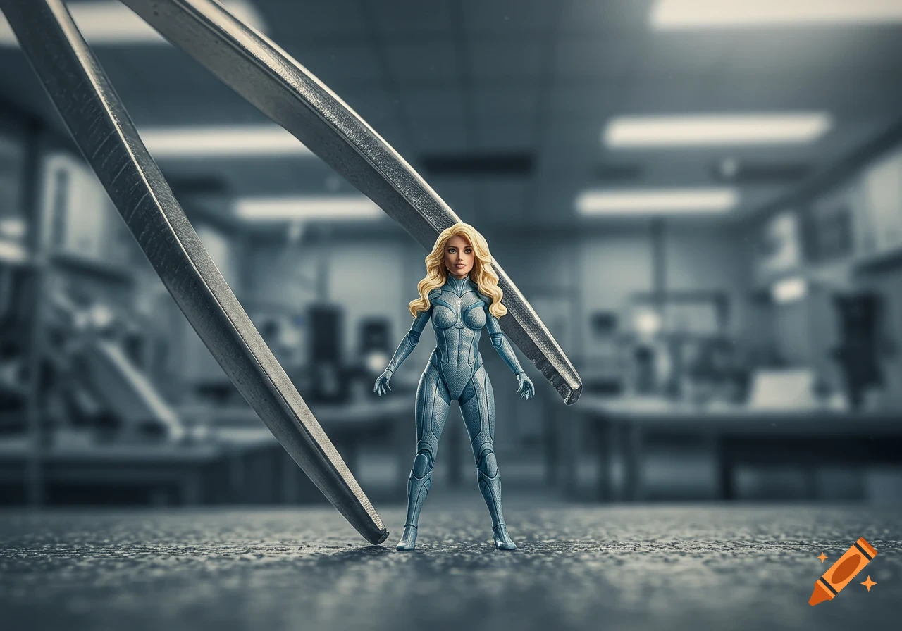 Photorealistic blonde superheroine action figure, shrunk and standing on a floor, dwarfed by colossal tweezers in an office.
