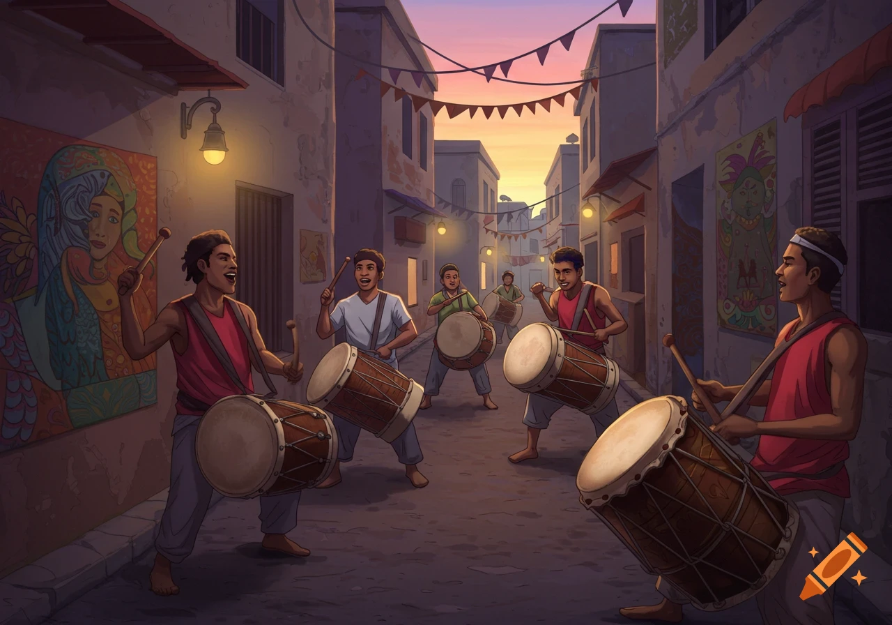 A group of men playing drums in a lively street scene at dusk, with buildings and festive banners.