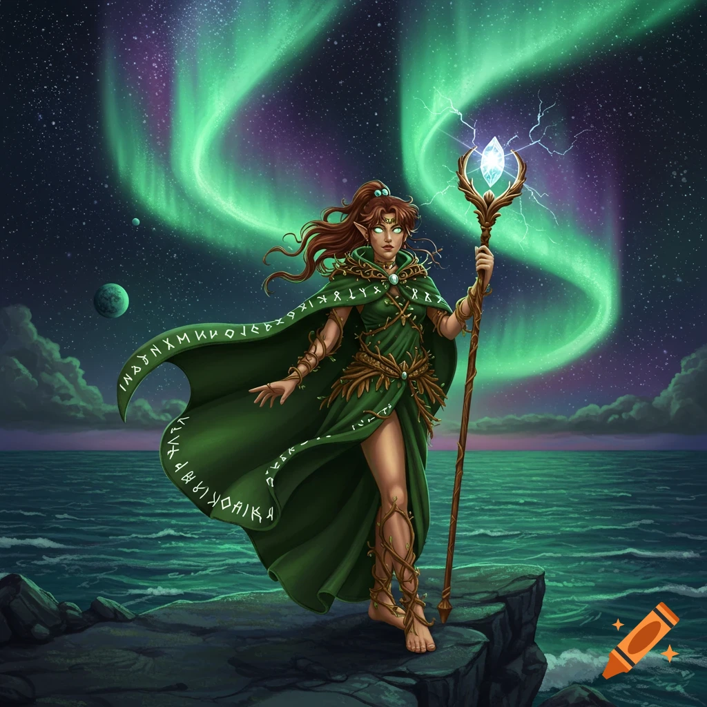 A female elf-like druid in green robes with runes stands on rocks by a cosmic ocean under a vibrant aurora and planets, holding a glowing staff.