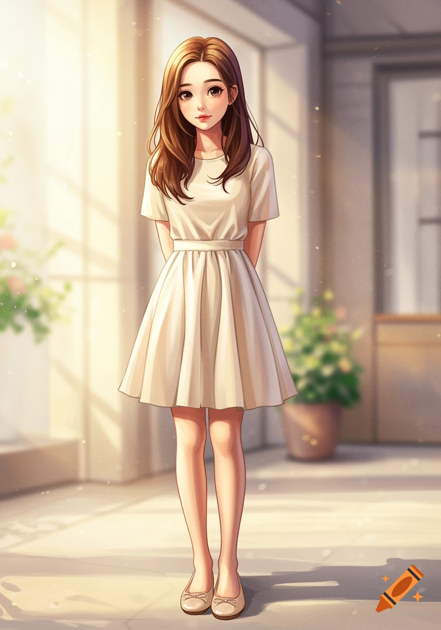 An anime illustration of a young woman with brown hair, wearing a cream-colored dress and ballet flats, standing indoors.