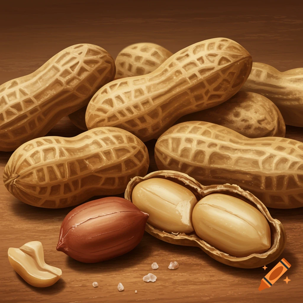 A close-up view of several peanuts in their shells, one opened revealing two kernels, with a single shelled kernel and salt crystals on a wooden surface.