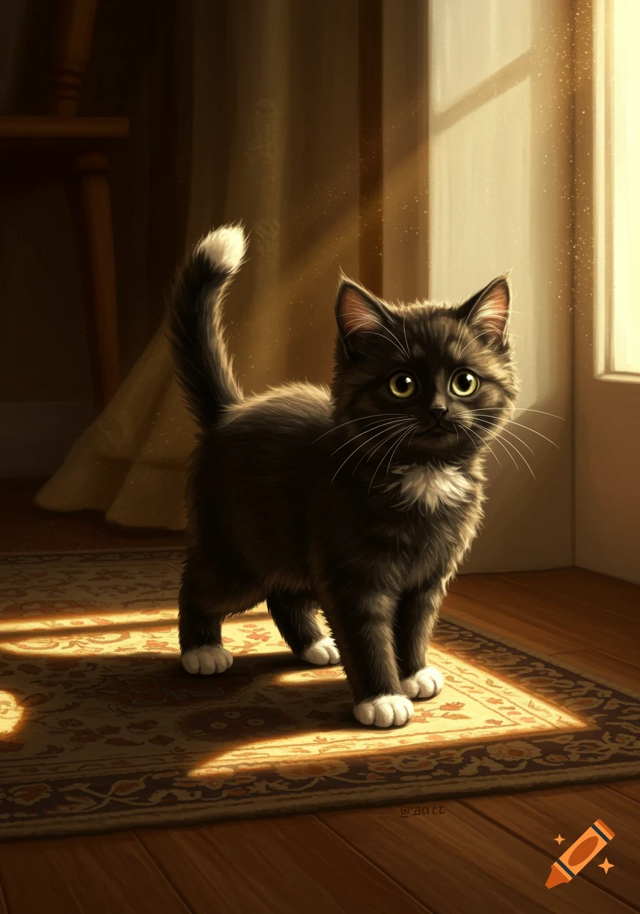 A fluffy black kitten with white paws and tail tip stands in a sunlit room on a patterned rug.