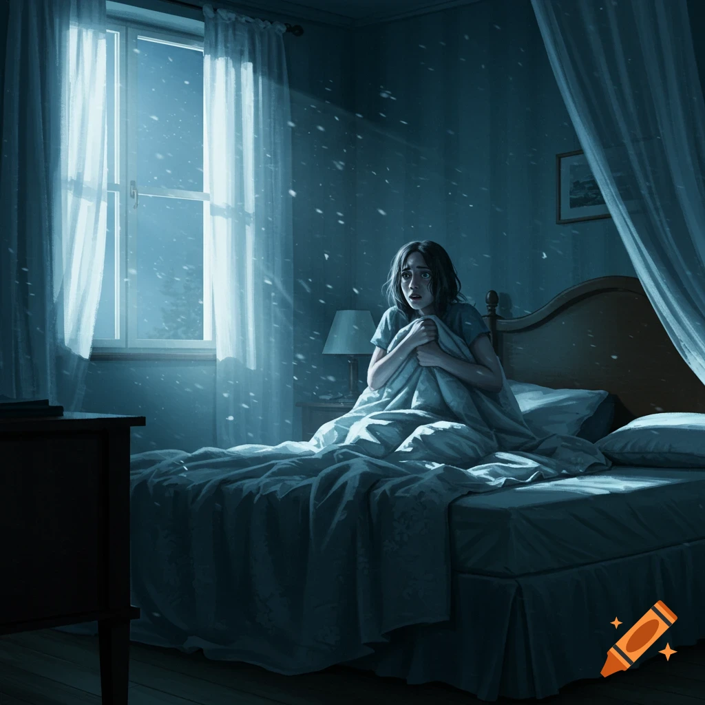 A scared woman sits up in bed, clutching covers, as snow falls outside her bedroom window on a dark night, in an illustrated style.
