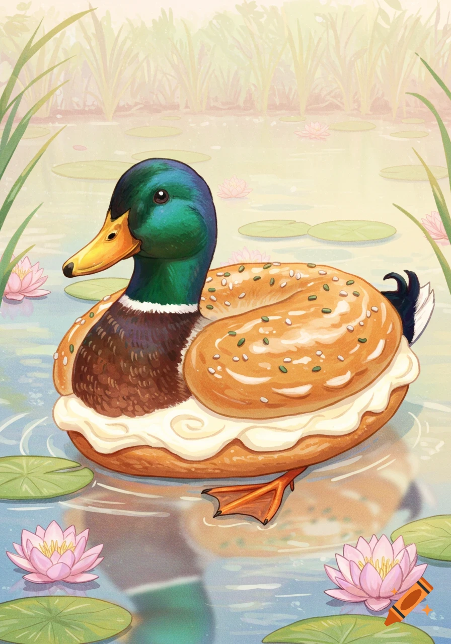 An anime-style illustration of a mallard duck with a bagel and cream cheese body, floating in a pond with lily pads.