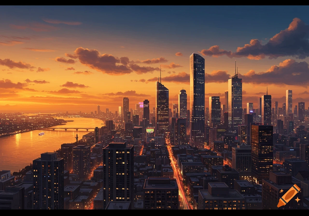 A vibrant cityscape at sunset with a river reflecting the orange sky and illuminated buildings.