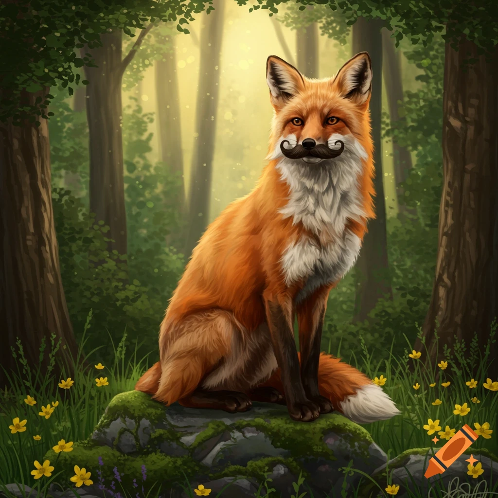 An illustration of a handsome fox with a curly mustache sitting on a mossy rock in a sunlit forest.