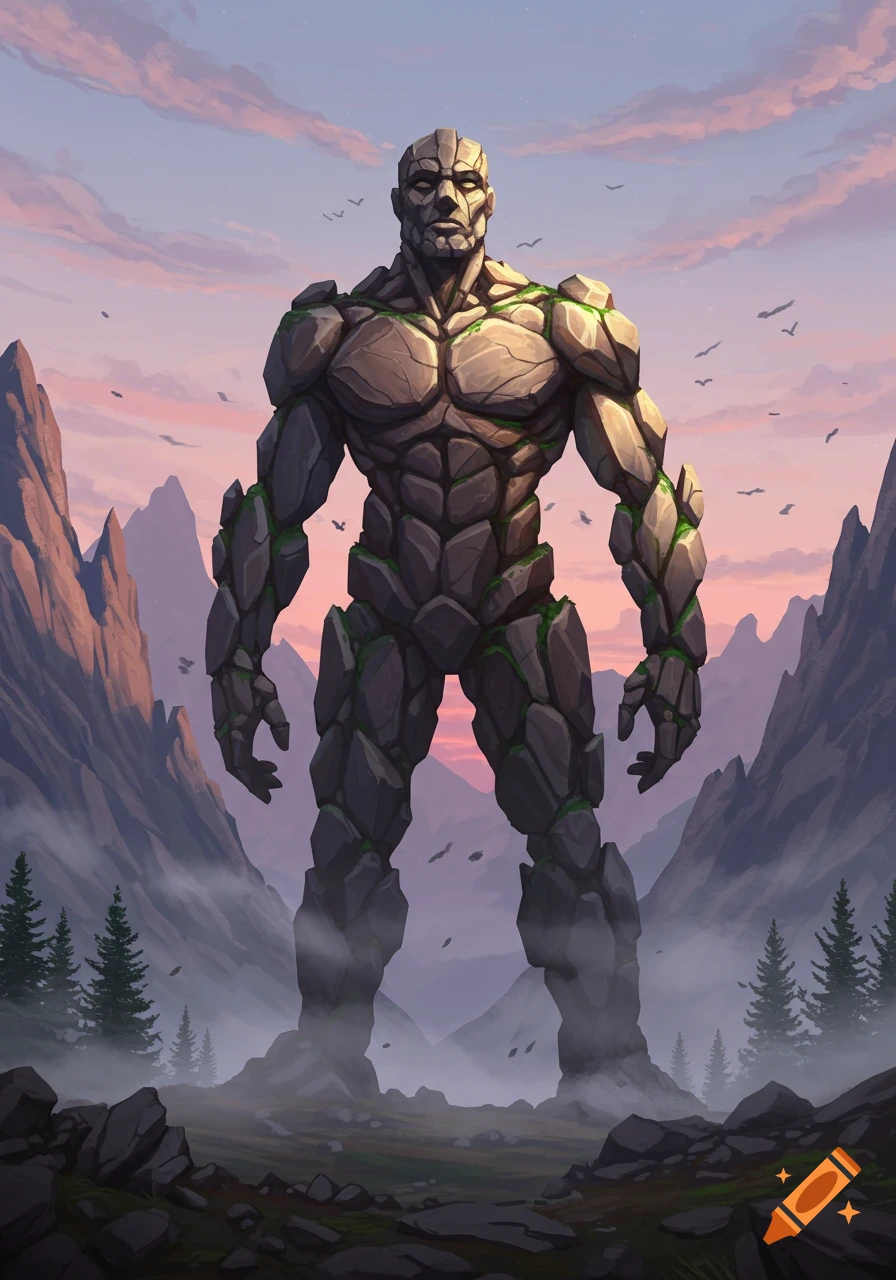 A towering rock golem with moss in its cracks stands in a misty mountain valley at sunset under a purple sky.