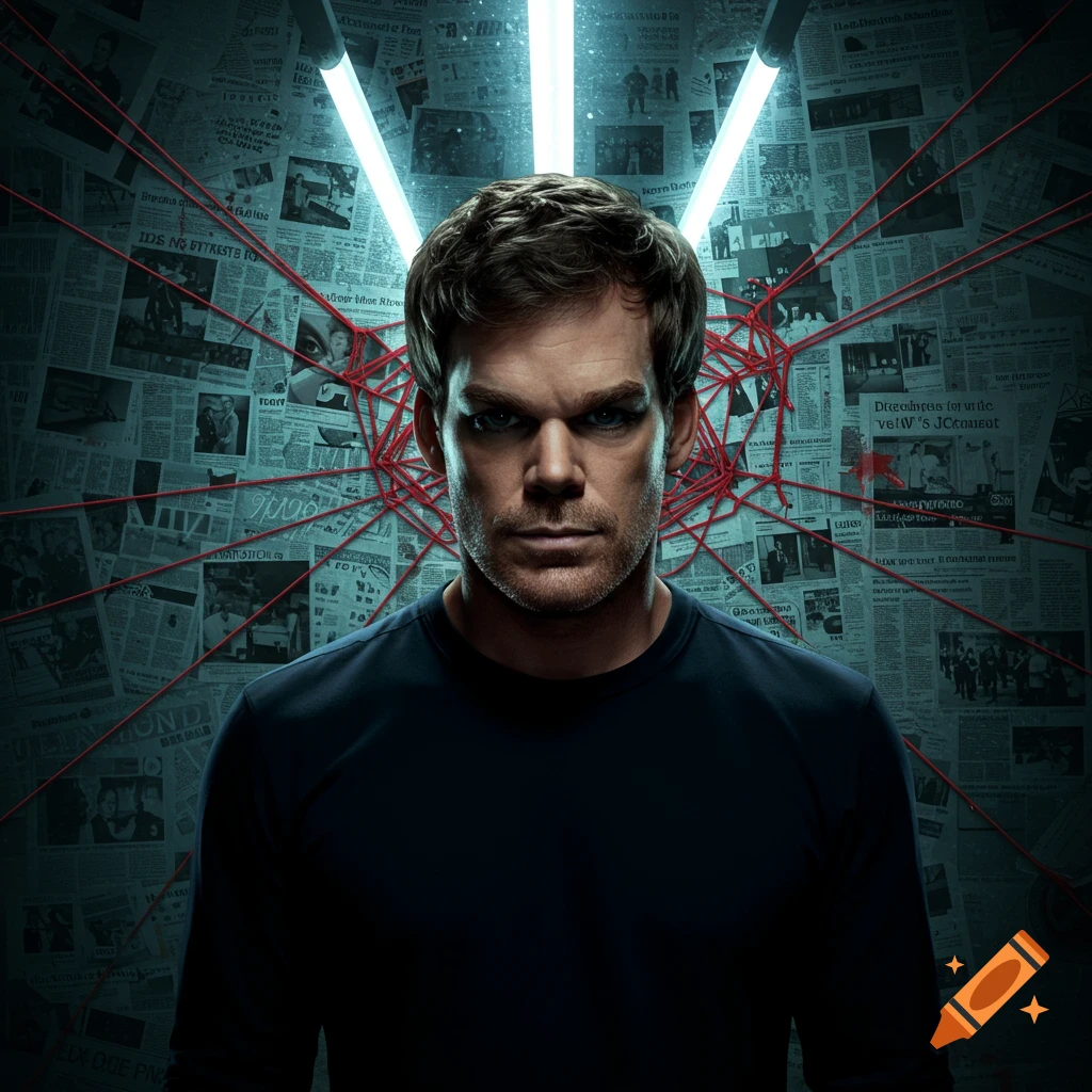 A man with short dark hair and a serious expression stares forward, framed by red strings and a background of newspaper clippings with glowing white lights from above.