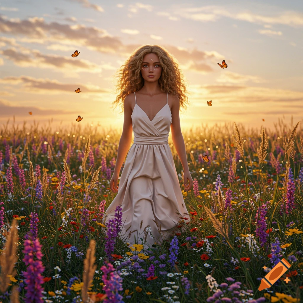 Young woman with curly hair stands in a vibrant wildflower field at sunset with butterflies, photorealistic style.