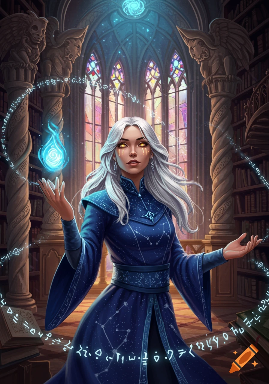 A white-haired sorceress in a blue, star-patterned robe, with glowing yellow eyes, casts a spell with a blue flame orb in a gothic library with stained-glass windows.