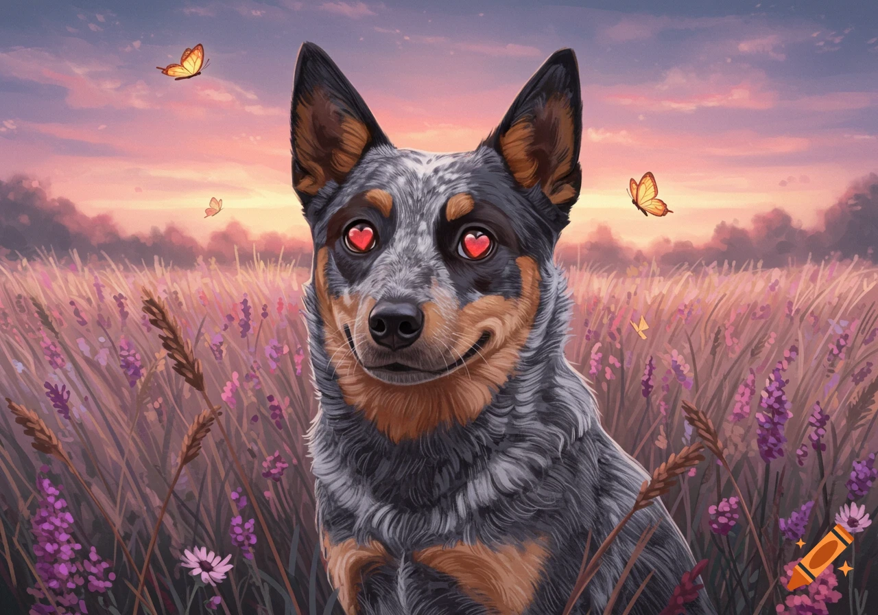 An illustrated blue heeler dog with heart eyes smiles in a field of purple flowers at sunset with butterflies.