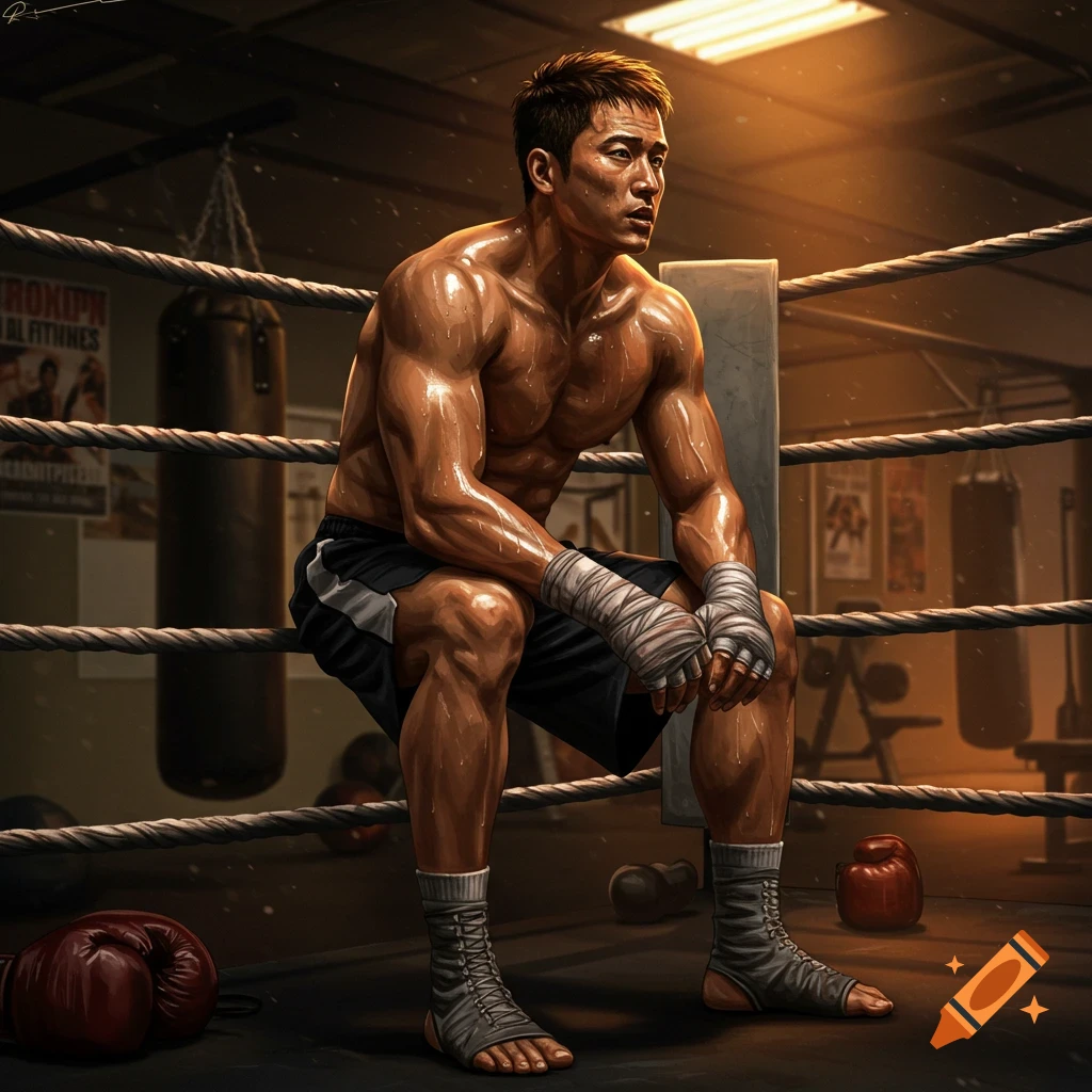 A muscular, sweaty male boxer sits exhausted on a boxing ring's ropes, looking contemplative in a painterly style.