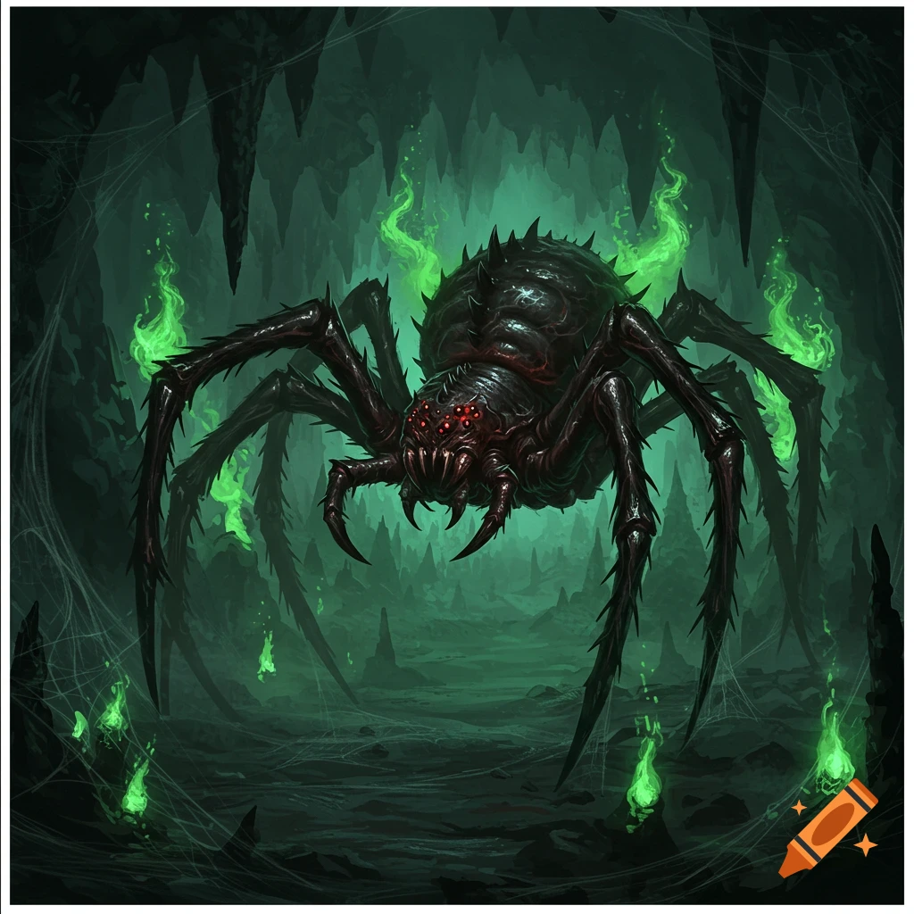A large, menacing dark fantasy illustration of a demonic spider with glowing green flames and multiple red eyes in a dark cave.