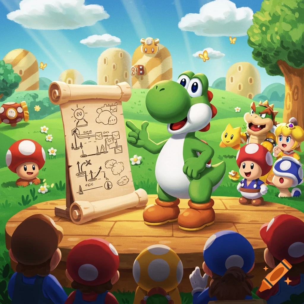 Yoshi presents a map-like 'master plan' on a scroll to an audience of Super Mario characters like Bowser, Peach, and Toads in a colorful landscape.