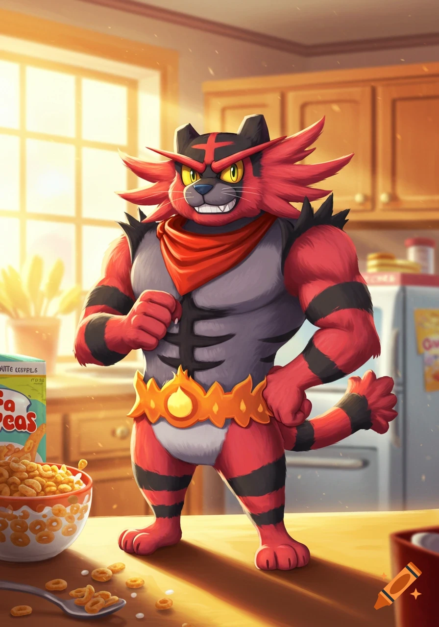 Incineroar, a red and black anthropomorphic cat, stands on a kitchen counter next to a bowl of cereal, resembling Tony the Tiger.