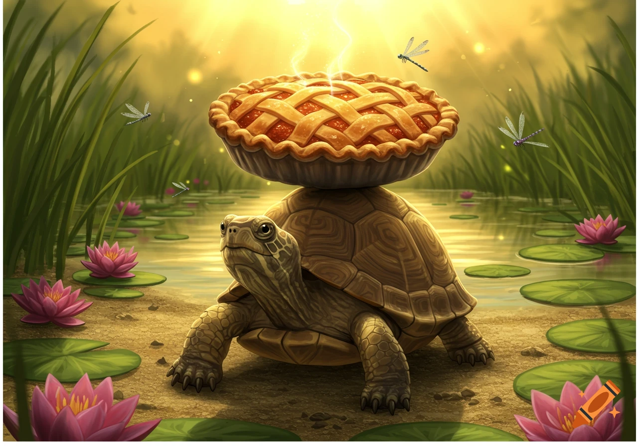 A turtle balances a pie on its shell, surrounded by lily pads and dragonflies in a sunny, magical pond.