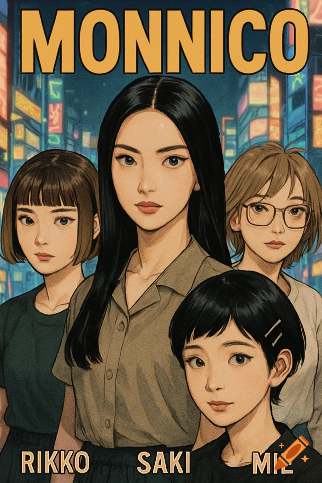 A semi-realistic anime comic cover featuring four Japanese girls: Monnico, Rikko, Saki, and Mie, against a neon city background.