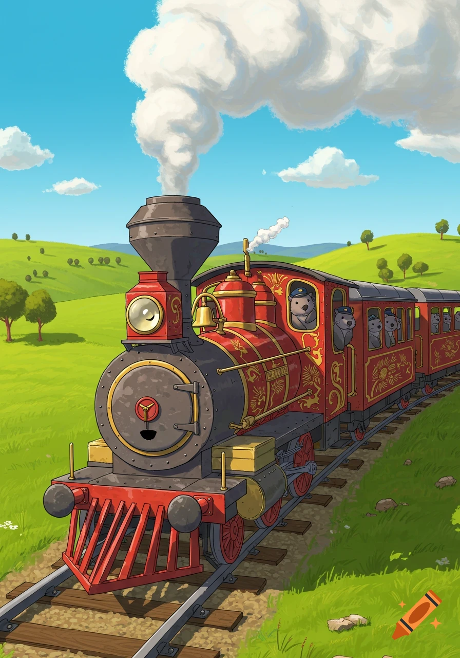 A vibrant cartoon illustration of a red and black steam train carrying cartoon wombats through a green, rolling countryside under a blue sky.