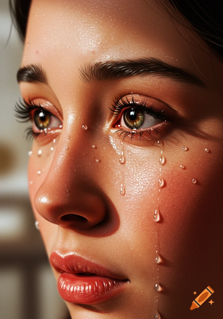 Photorealistic close-up of a woman's face with tears and water droplets glistening on her skin.