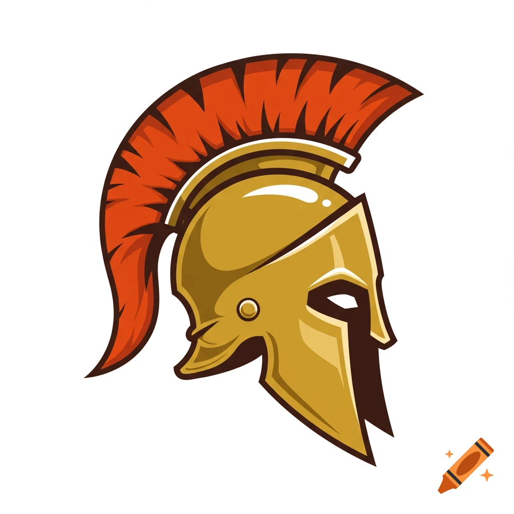 Vector logo of a shiny golden Spartan helmet with a red crest and white outline, seen in profile.