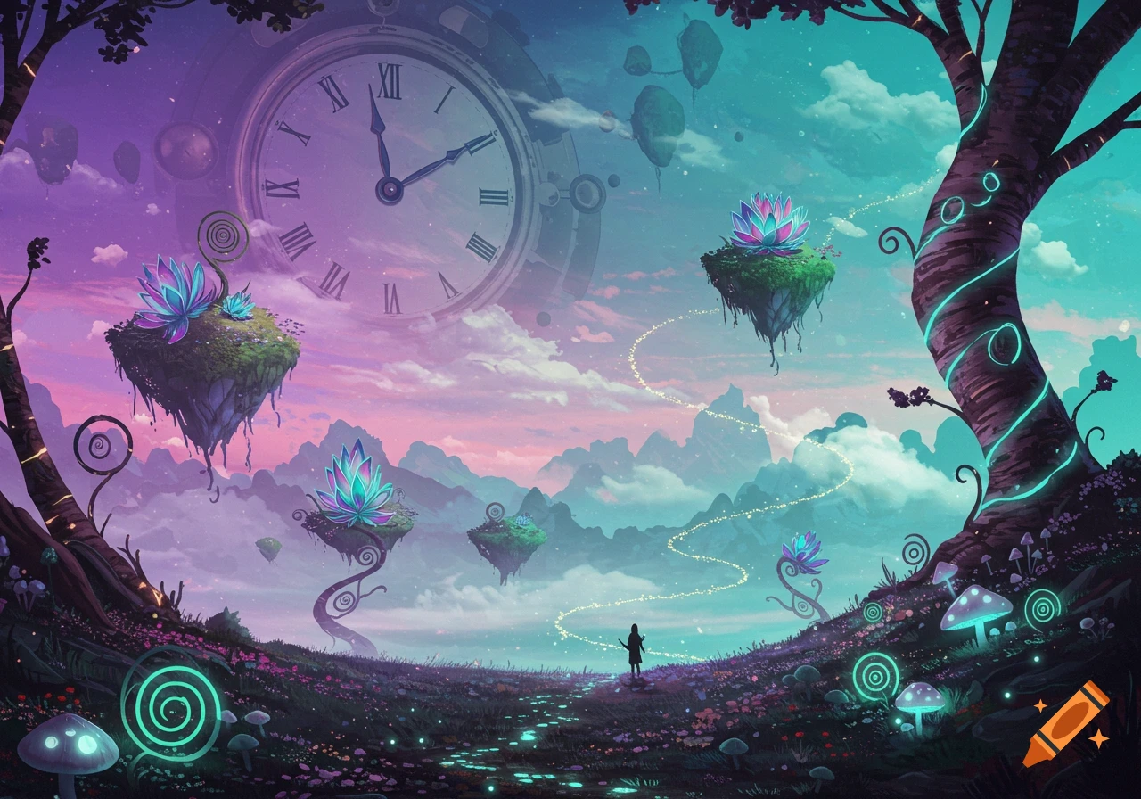 Fantastical dreamcore landscape with a giant clock in the sky, floating islands, a lone figure, and glowing flora in vibrant purple and teal hues.