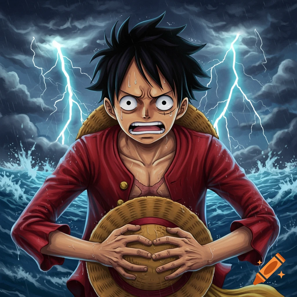 Monkey D. Luffy from One Piece looks terrified, holding his straw hat, while standing in a stormy sea with lightning striking.