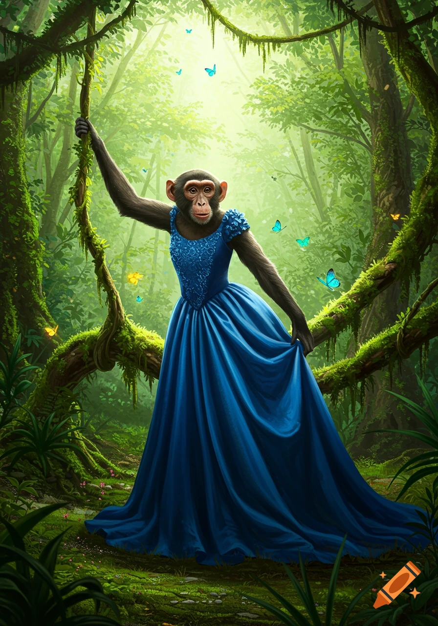 A chimpanzee in a long blue dress stands in a lush green jungle, holding a vine as colorful butterflies flutter around.