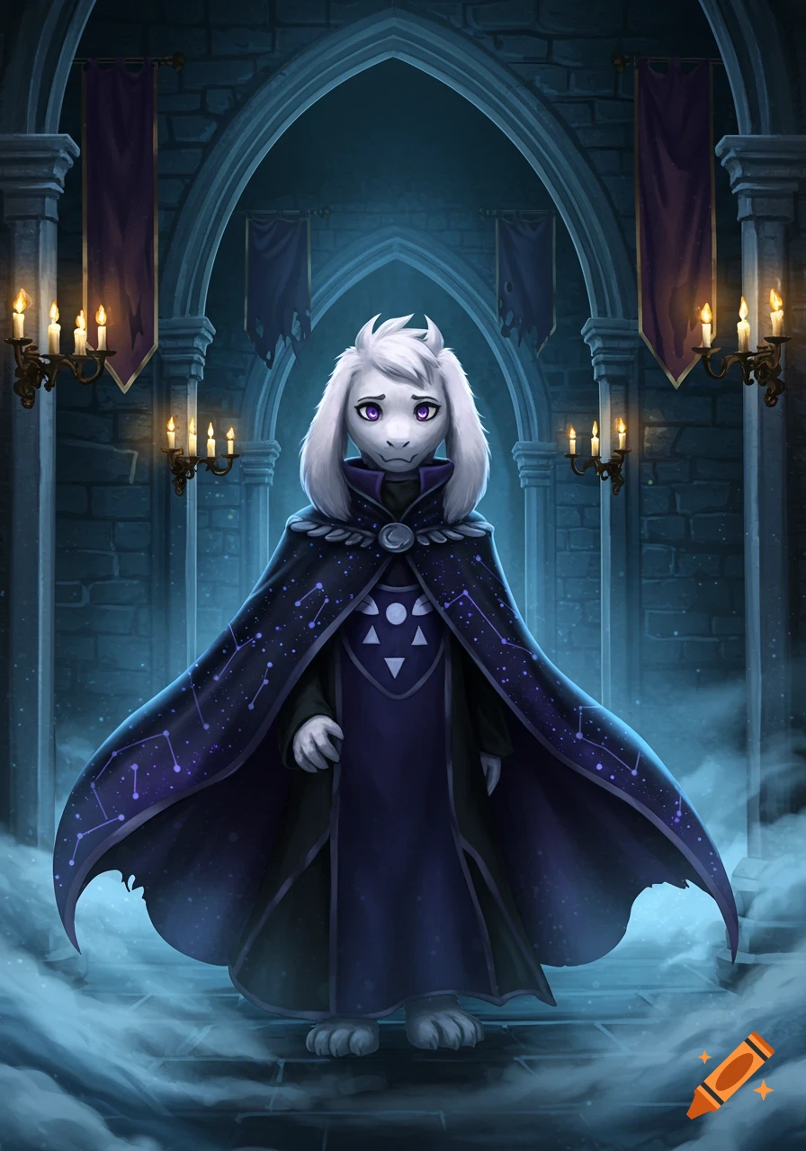 A white goat-like fantasy character in a dark, star-patterned cape stands in a misty gothic castle with archways and candles.