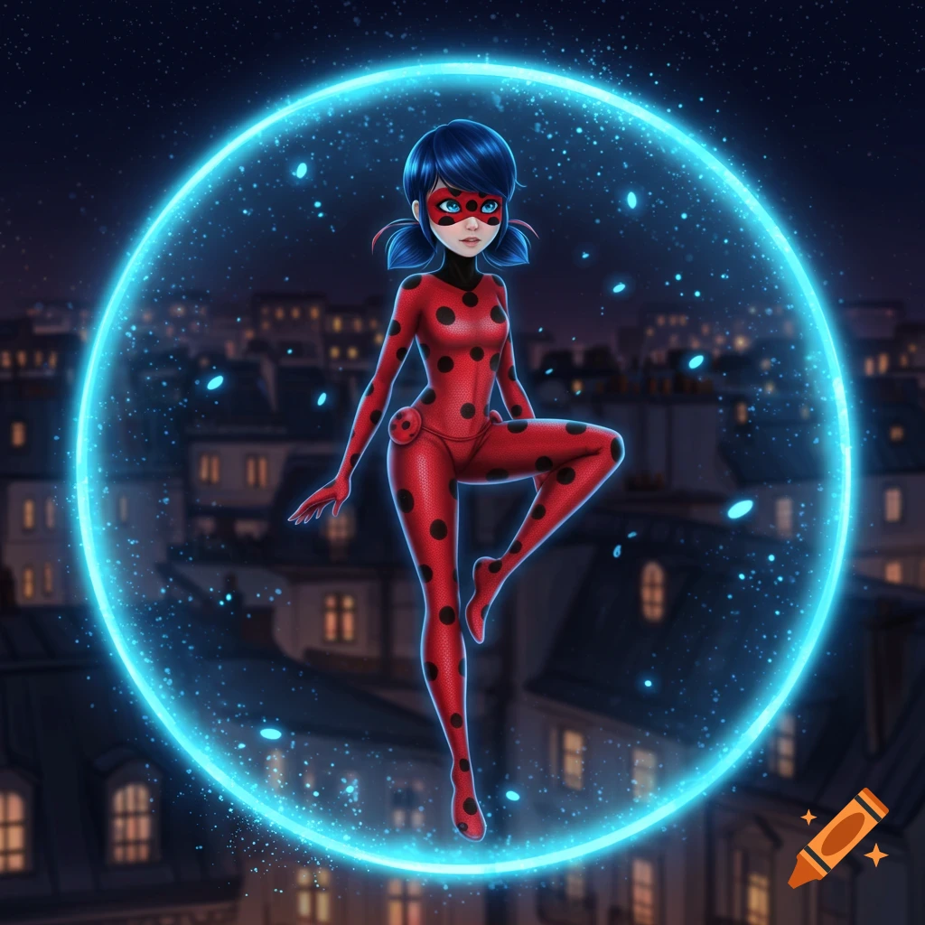 Ladybug from Miraculous Ladybug floats in a glowing blue energy bubble above a city at night in anime style.