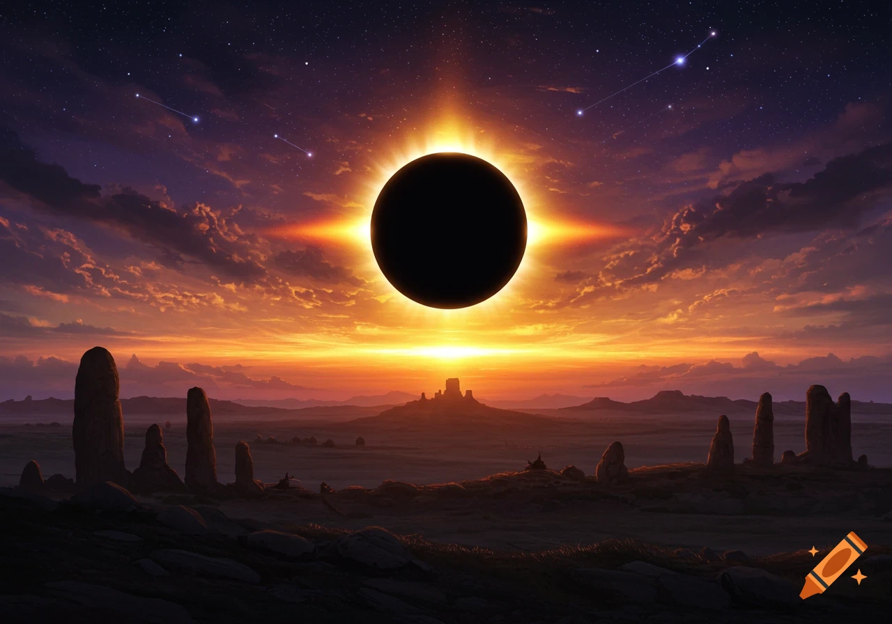 A dramatic solar eclipse with a bright corona over a dark desert landscape with rock formations and a starry, colorful sky.