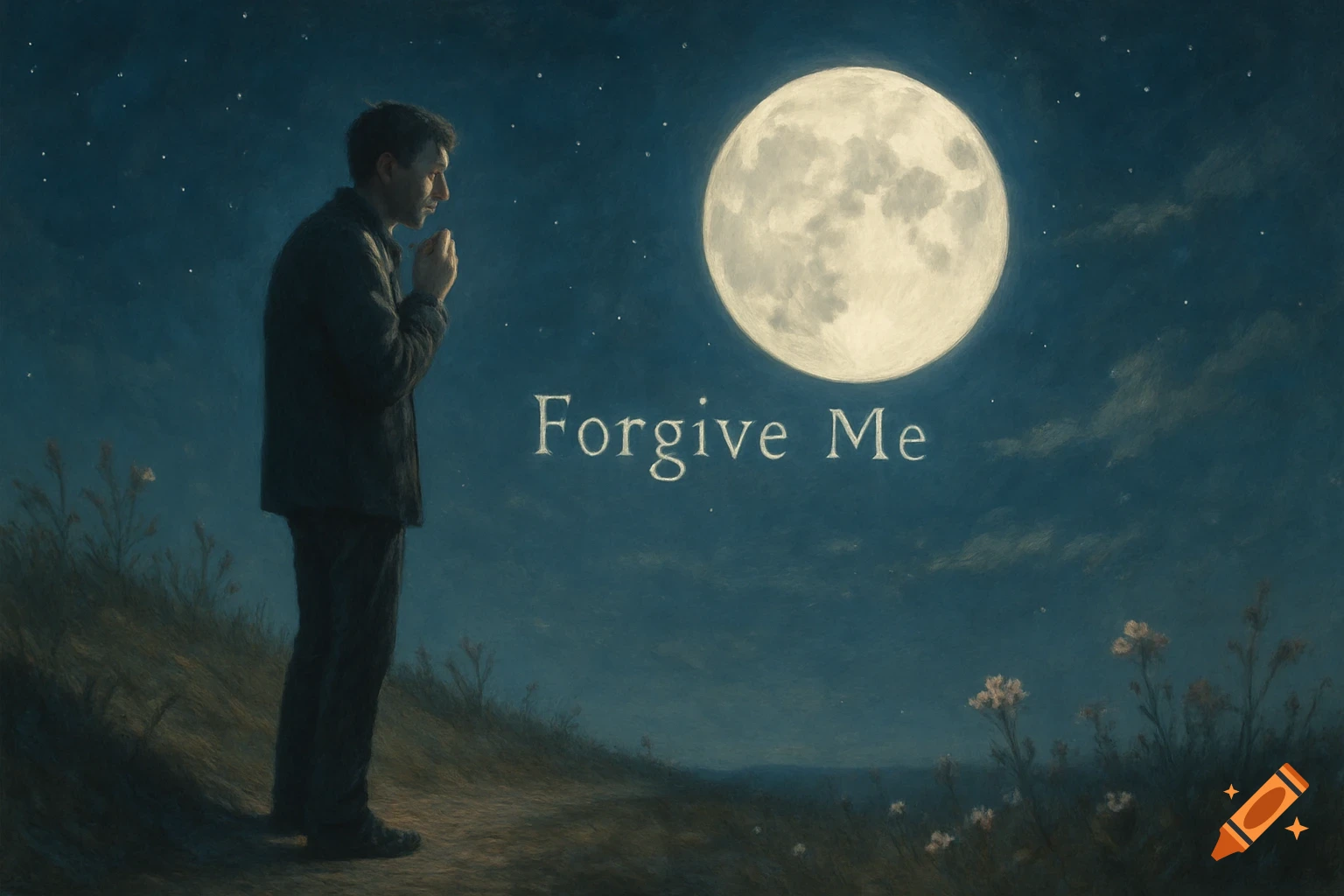 A man stands on a hill under a large full moon and starry night sky with 'Forgive Me' written beside the moon, in a painterly style.