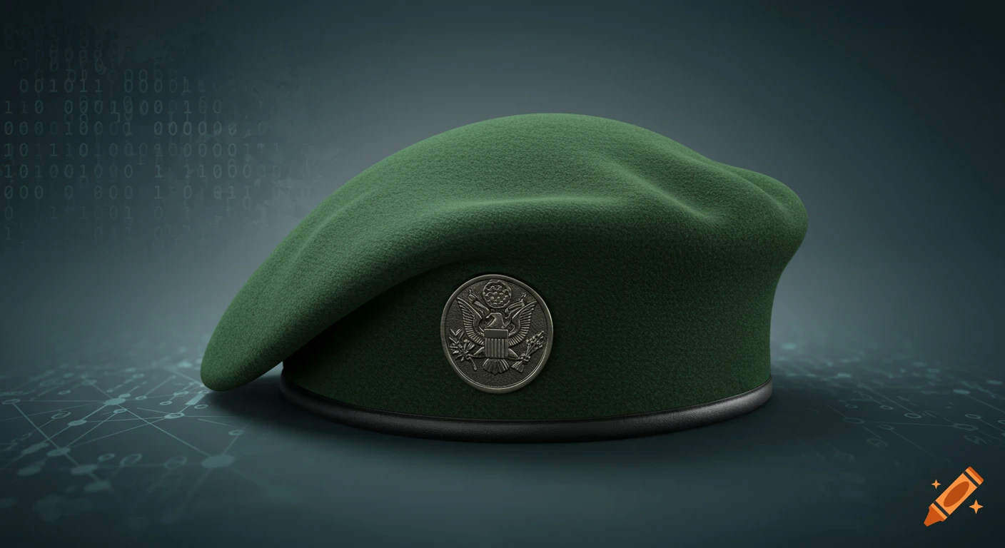 A photorealistic image of a green beret with a Special Forces insignia, set against a dark background with binary code and network lines.