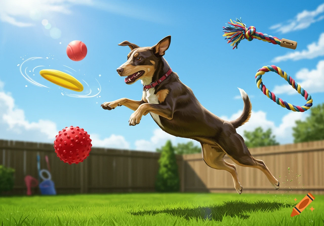 A brown and white dog jumps in a sunny green backyard, surrounded by a red ball, a yellow frisbee, and colorful rope toys.