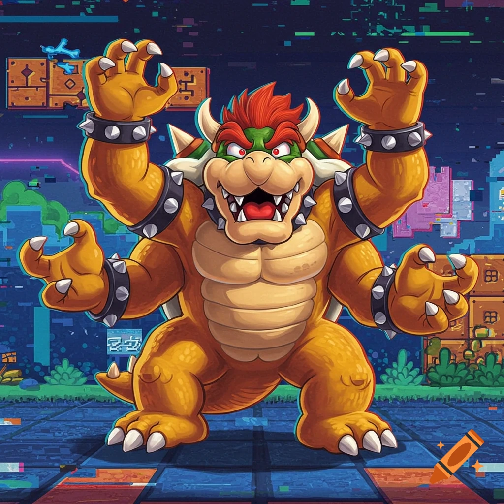 Muscular Bowser with eight arms, looking panicked, against a pixelated, glitchy video game background.