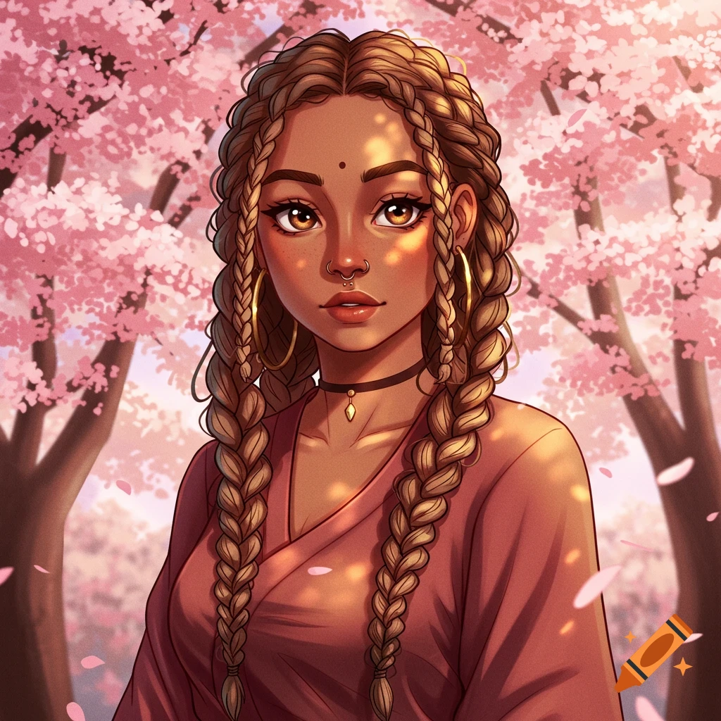 An anime portrait of a brown-skinned girl with blonde braids, nose stud, and reddish top, standing by a cherry blossom tree.