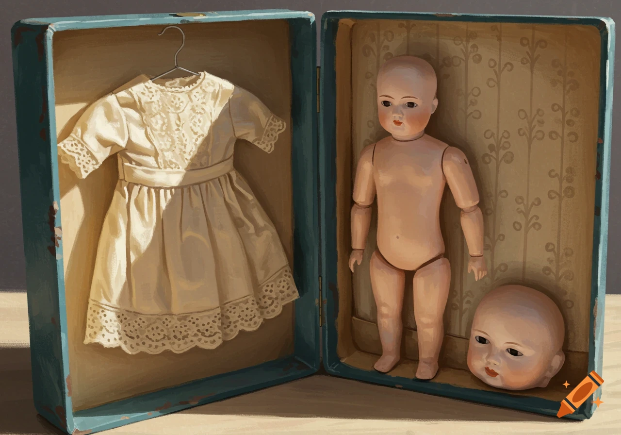 An open antique doll box containing a beige dress on the left, and a doll body with a detached head on the right, in a painterly style.
