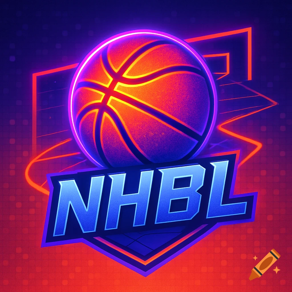 Neon basketball logo with a glowing orange and purple ball above a blue shield emblem displaying the letters 'NHBL'.