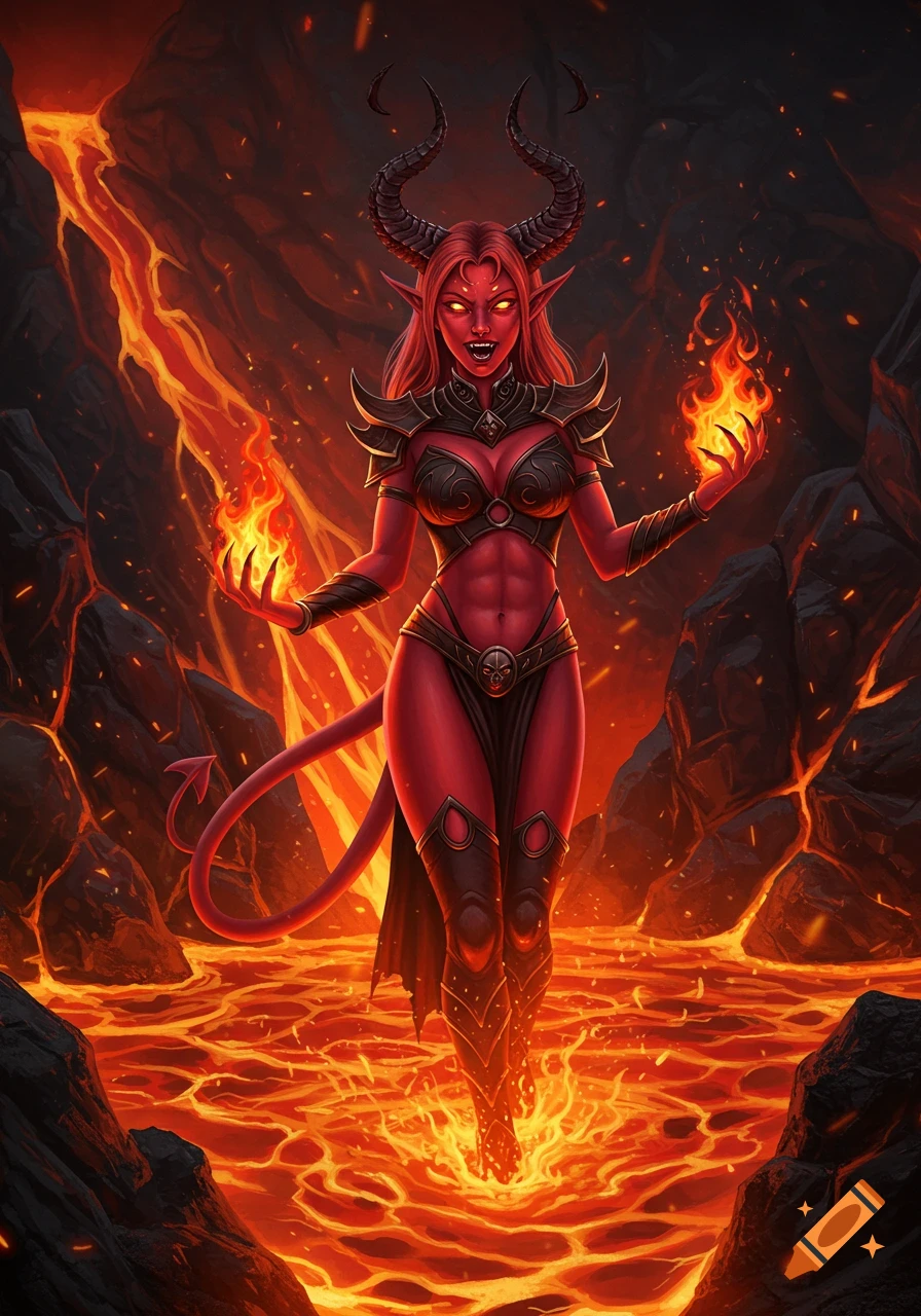 A red-skinned female demon with horns and fantasy armor, laughing while standing in lava, holding fire in her hands.