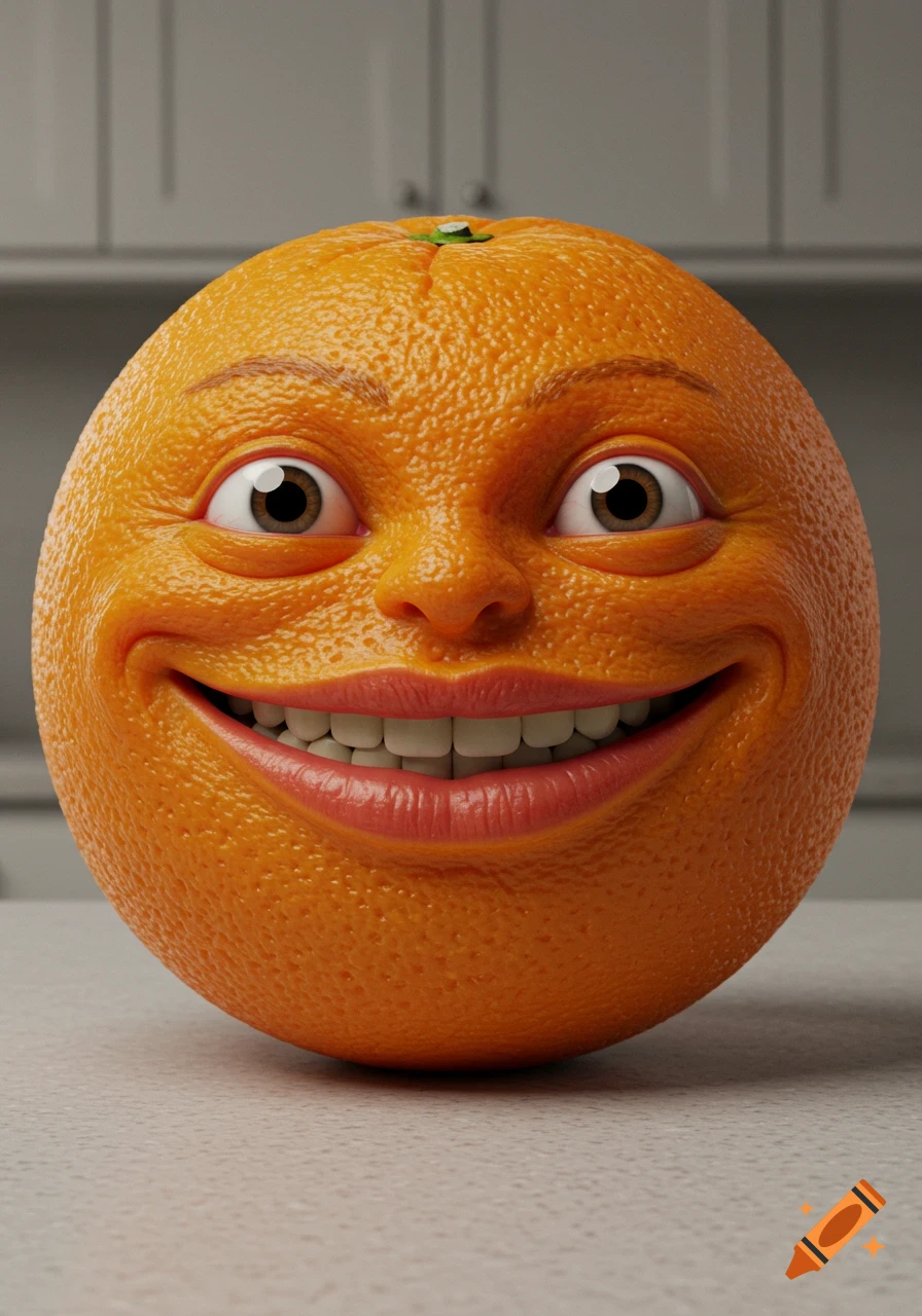 A photorealistic anthropomorphic orange with a wide smile, in a kitchen.