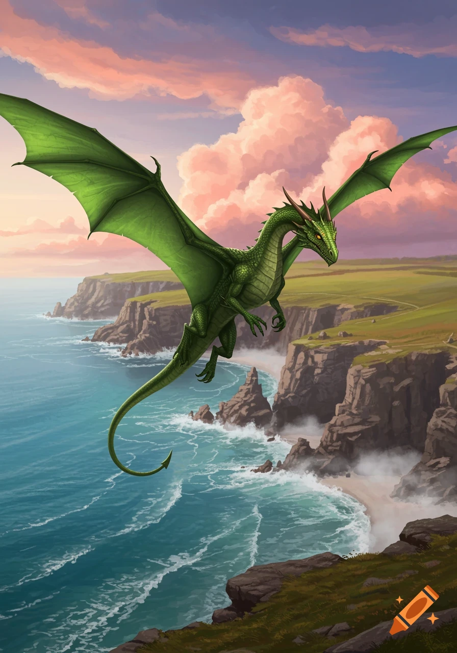 A majestic green dragon with large wings soars above a rugged coastline, revealing cliffs, beaches, and a vibrant sunset sky.