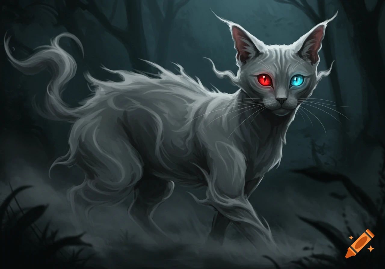 A gray, smoky-furred cat with one red and one blue eye stands in a dark, misty forest, digital illustration.