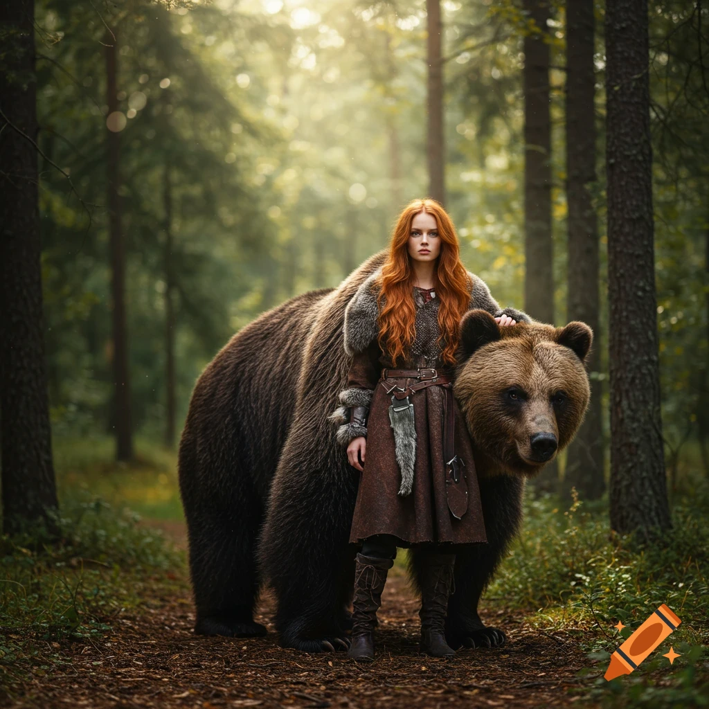 A woman with long red hair wearing fur and leather stands next to a large brown bear in a sunlit forest, photorealistic style.