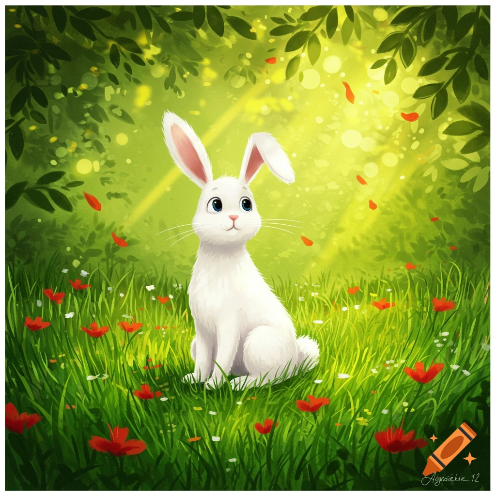 A cute white rabbit with blue eyes sits in lush green grass dotted with red flowers under sun-dappled trees. Illustration style.