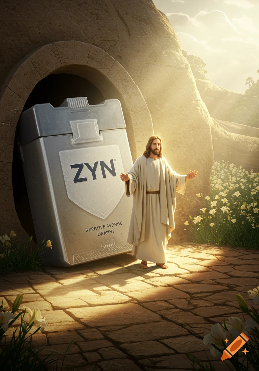 Jesus stands outside an open tomb, which is a giant ZYN nicotine pouch container, under a bright sky.