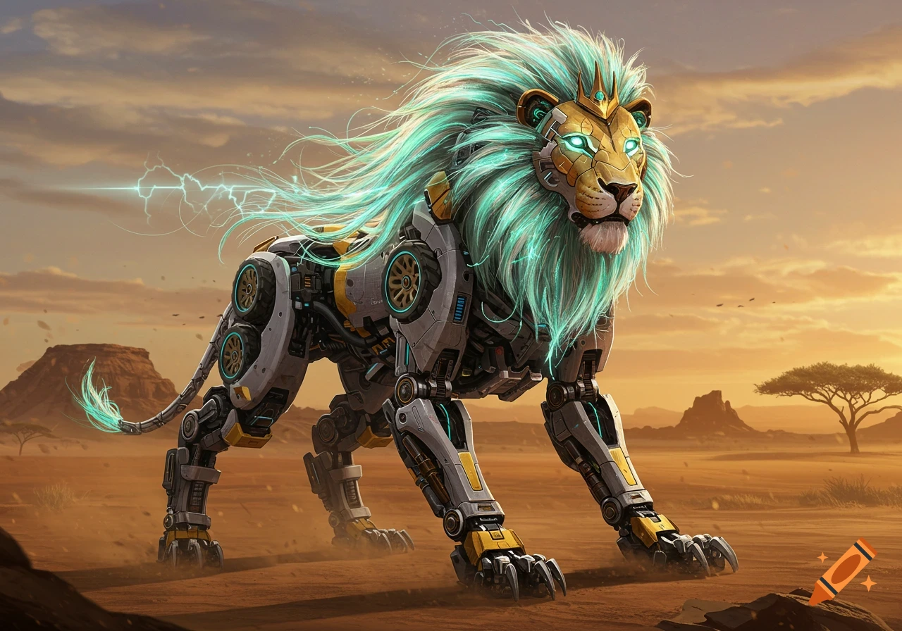 A majestic biomechanical lion with glowing blue mane and golden crown on its head stands in a desert landscape under a sunset sky.