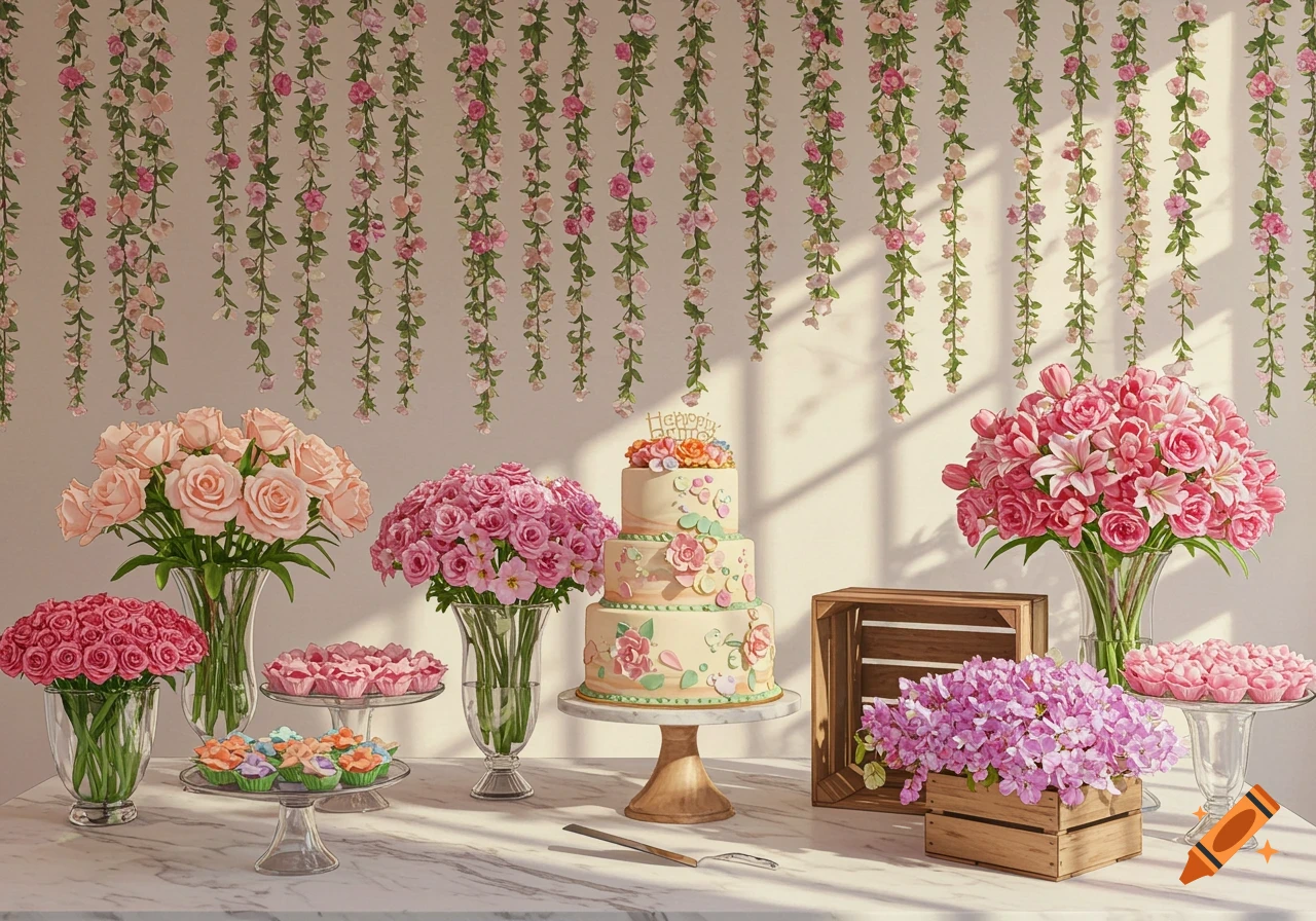 A photorealistic birthday celebration table with a tiered cake, pink floral bouquets, small desserts, and hanging flower garlands.