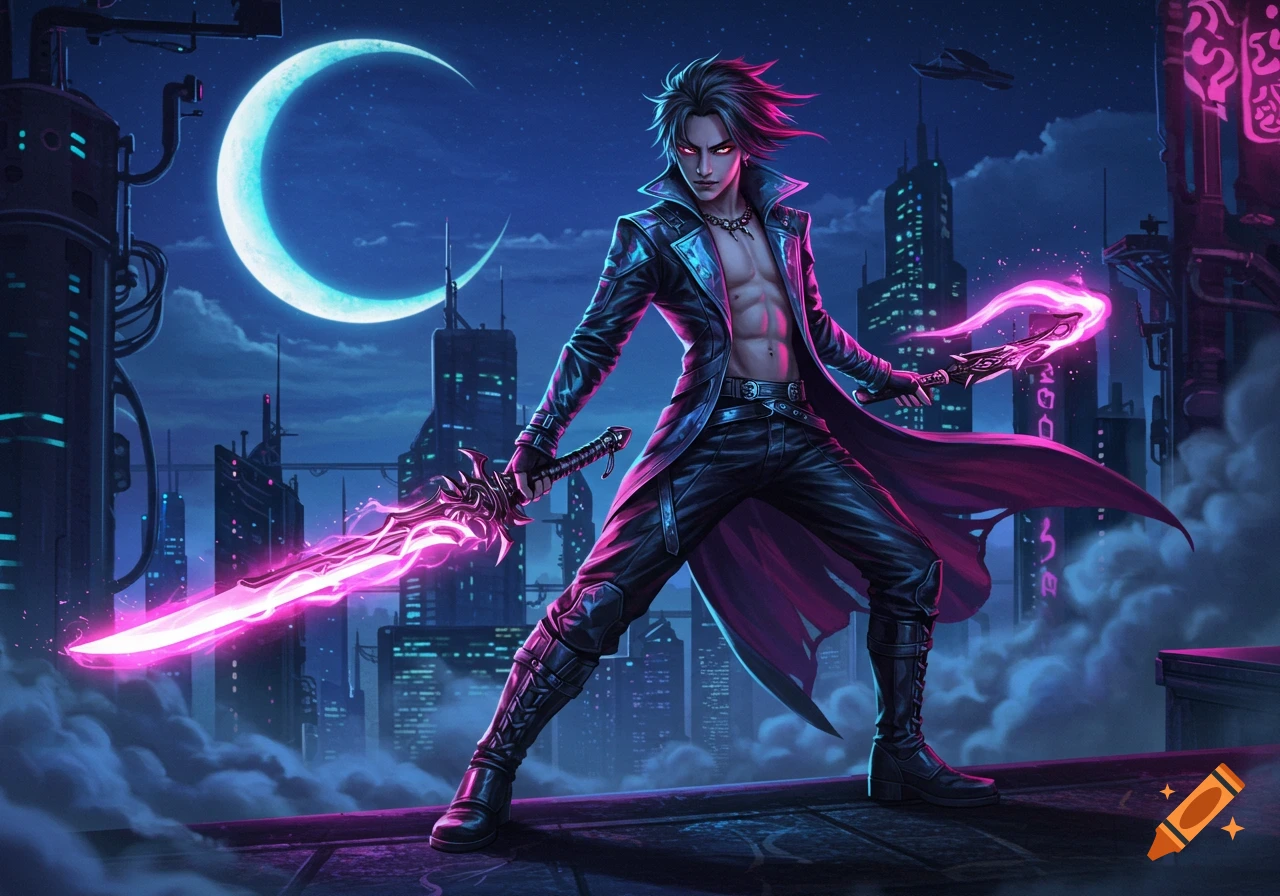 A male character with glowing pink swords stands on a rooftop in a neon-lit cyberpunk city under a crescent moon, in an anime style.