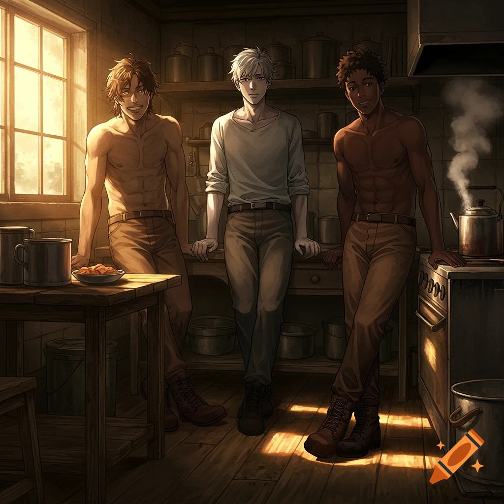 Three shirtless men in brown pants stand in a dimly lit, rustic kitchen. Sunlight streams through a window, and a kettle steams on the stove. Anime style.