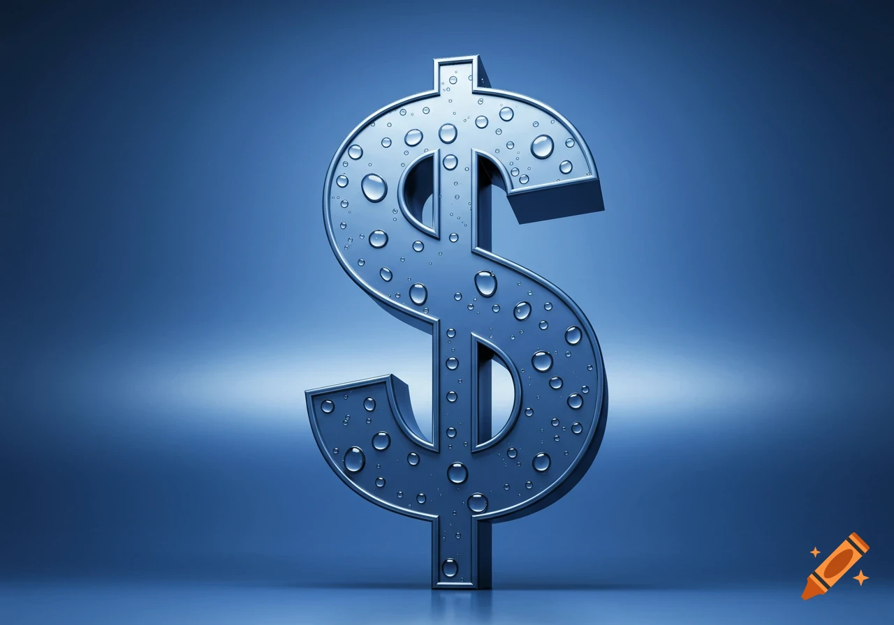 A metallic dollar sign covered in water droplets on a blue background.