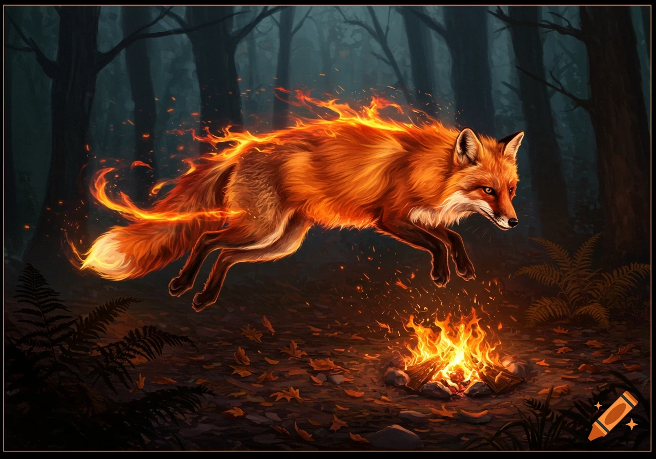 A magical, fiery fox leaps over a campfire in a dark forest at night, with flames emanating from its body.